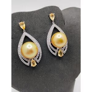 Cultured South Sea Pearl, Citrine and Topaz Sterling Silver Earrings